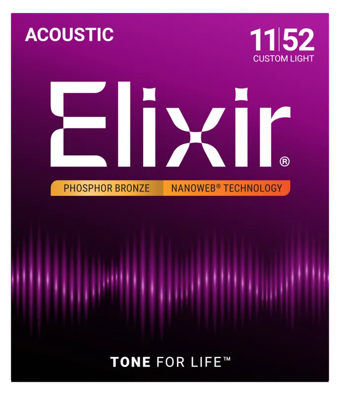 Elixir Strings NANOWEB Phospher Bronze 11-52 Custom Light Acoustic Strings Dernier Modèle