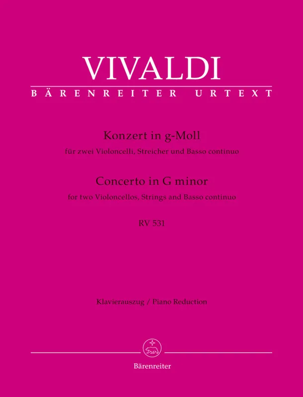 Prix Cassé Baerenreiter Verlag Concerto for two Violoncellos, Strings and Basso continuo in G minor RV 531 - Vivaldi/Schelhaas - 2 Cellos/Piano Reduction - Parts Set