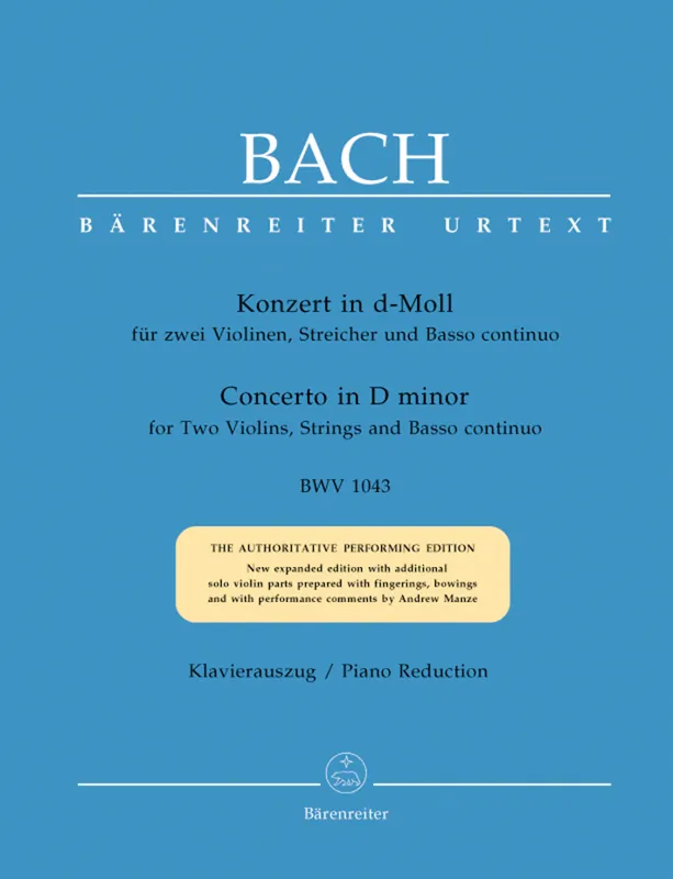 Haute Qualité Baerenreiter Verlag Concerto for two Violins, Strings and Basso continuo in D minor BWV 1043 - Bach/Kilian - 2 Violins/Piano Reduction - Book