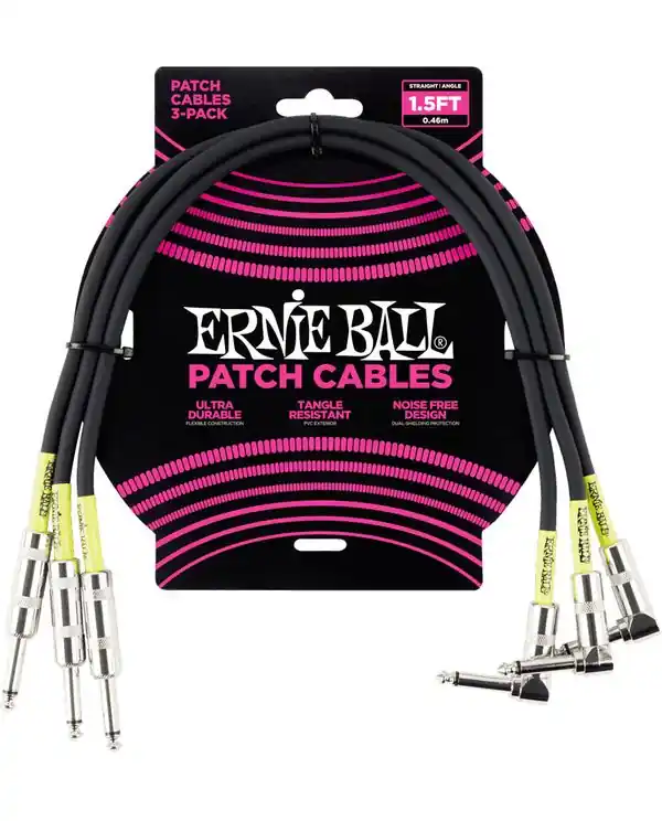 Offre Exclusive ERNIE BALL 6076 CABLE PATCH DROIT/COUDÉ NOIR 46 cm - Lot de 3