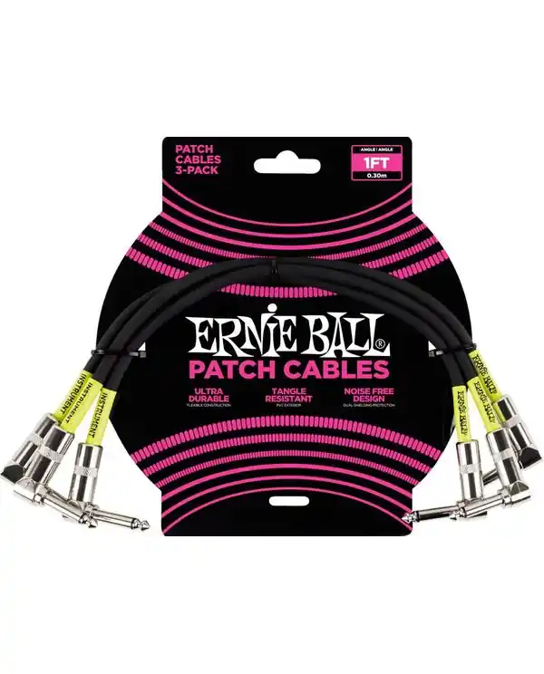 ERNIE BALL 6222 CABLE PATCH COUDÉ FIN ET PLAT NOIR 30 cm - Lot de 3 Nouvelle Collection