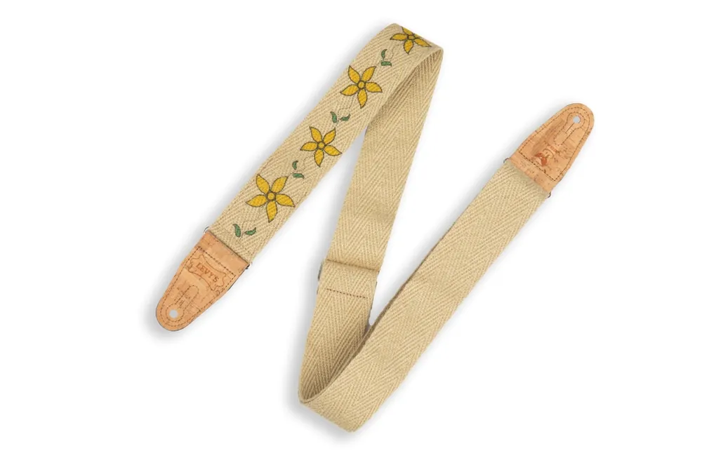 Commander Vite Levy‘s 2‘‘ Flowering Vines Hemp Vegan Guitar Strap with Yellow Flowers