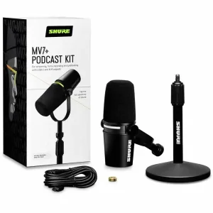 Jusqu'à Épuisement Des Stocks SHURE MV7+-K-BNDL PACK MICRO DYNAMIQUE NOIR AVEC STAND DE TABLE