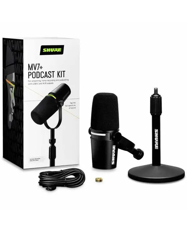 Jusqu'à Épuisement Des Stocks SHURE MV7+-K-BNDL PACK MICRO DYNAMIQUE NOIR AVEC STAND DE TABLE