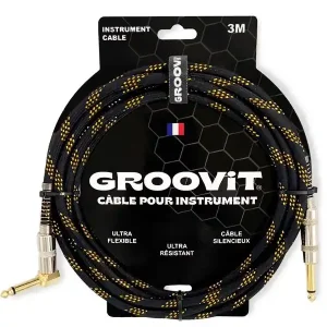 GROOVIT CABLE JACK MONO COUDÉ / JACK DROIT MONO TRESSÉ NOIR & OR - 3m Réduction