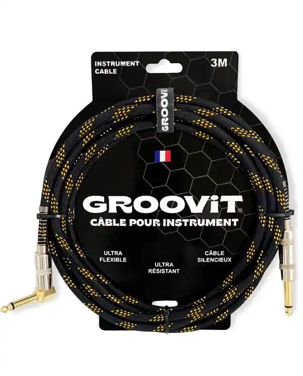 GROOVIT CABLE JACK MONO COUDÉ / JACK DROIT MONO TRESSÉ NOIR & OR - 3m Réduction