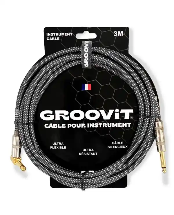 Bon Marché GROOVIT CABLE JACK MONO COUDÉ / JACK DROIT MONO TRESSÉ GRIS - 3m
